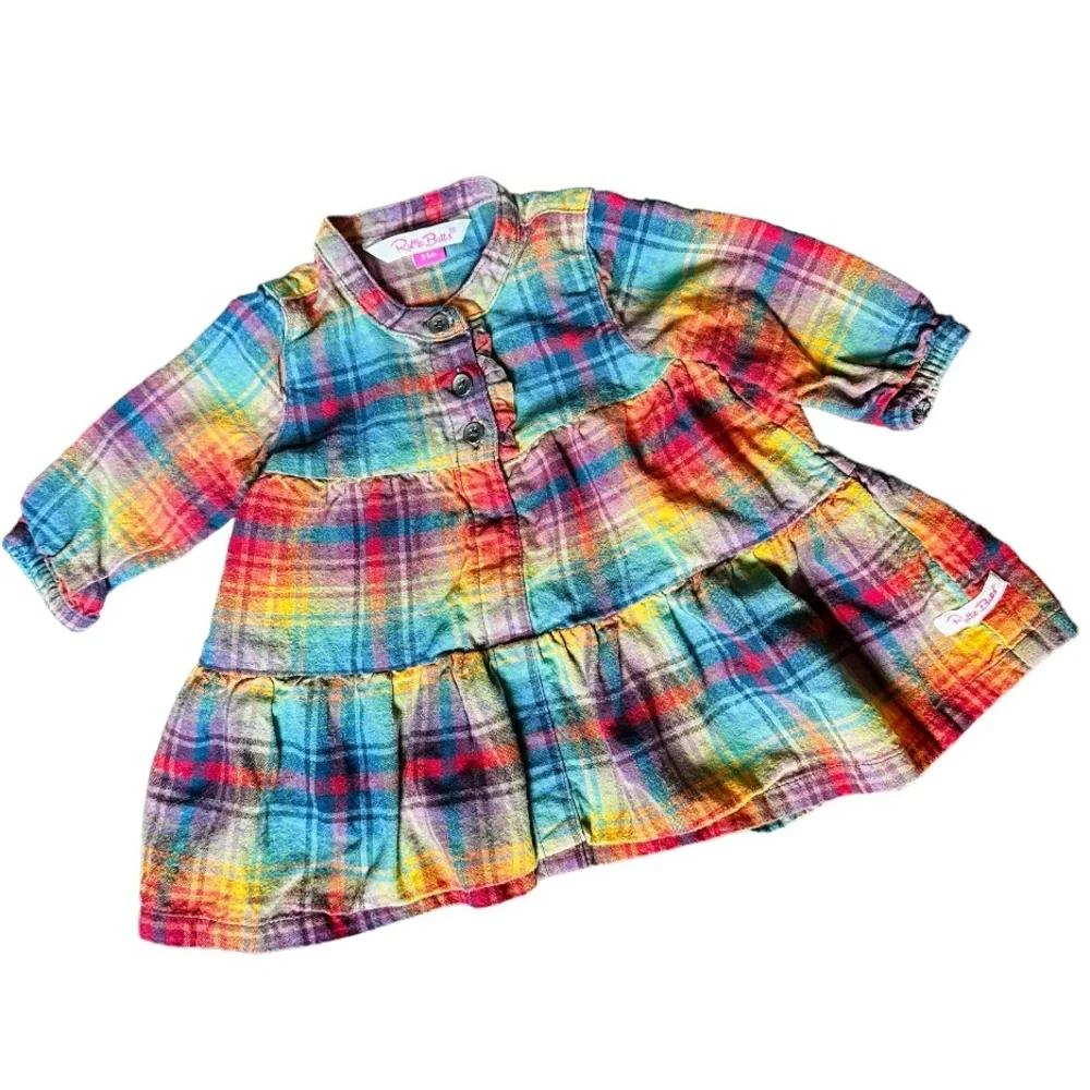 EUC Ruffle Butts Ruffle Henley Tiered Dress 3-6 months Rainbow Colorful